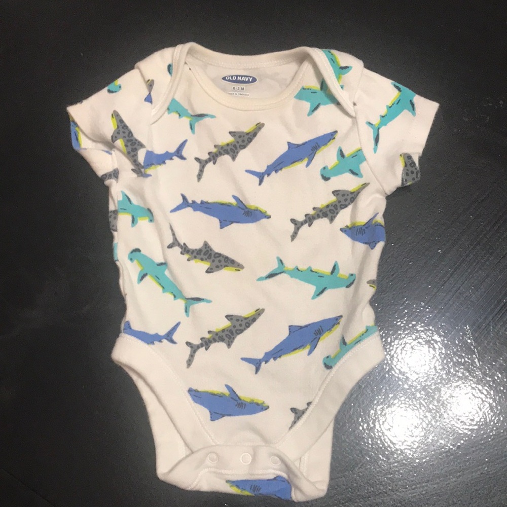 Old Navy White Baby One-Piece with Blue, Teal, Gray Shark Print